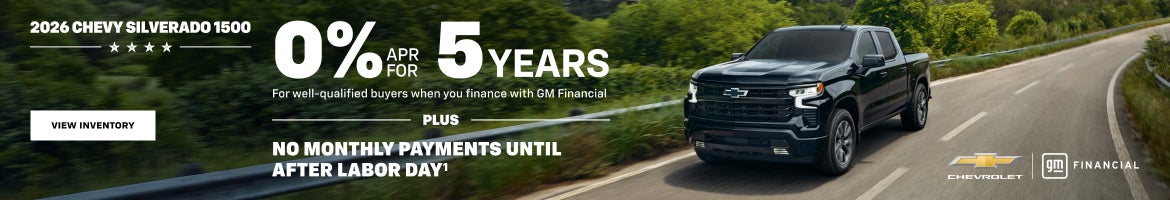 2026 Chevy Silverado 1500. 0% APR for 5 years for well qualified buyers when you finance with GM ...